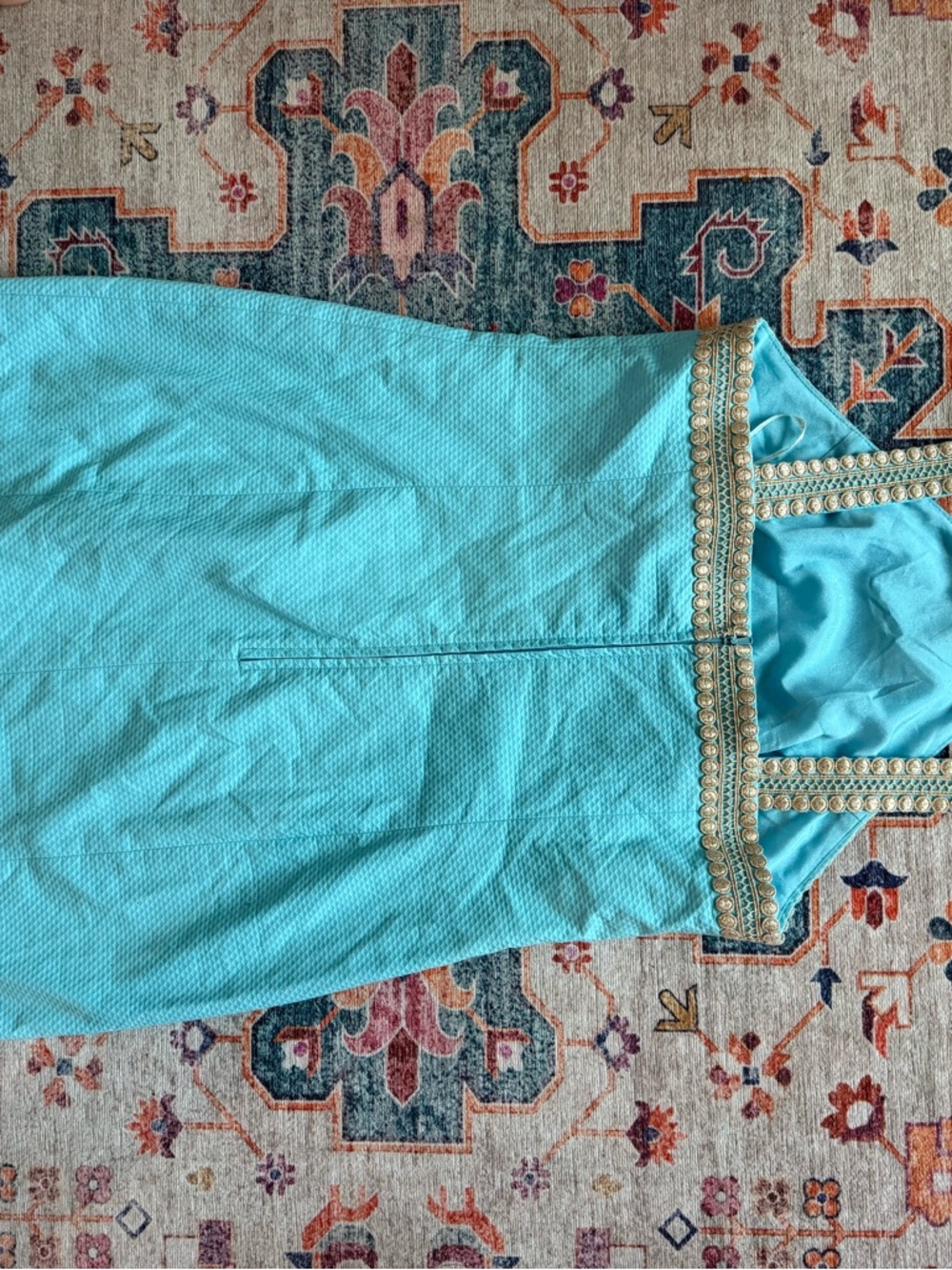 Lilly Pulitzer Turquoise Mini Dress with Gold Trim - Picture 4 of 5